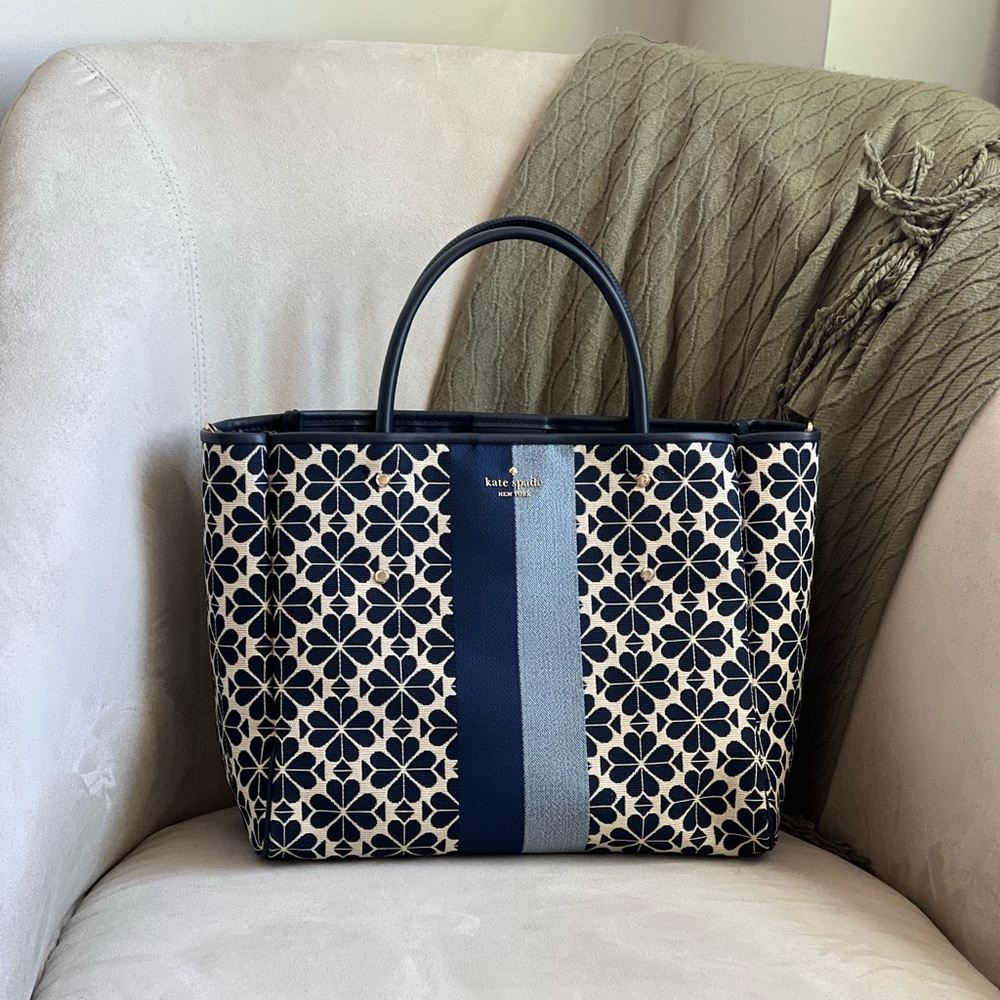 Kate Spade Flower Jacquard Stripe Blue Medium Tote NWT